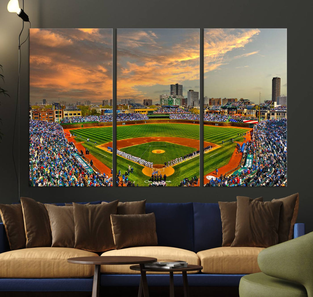 Aerial view of Wrigley Field at sunset against a vibrant sky, creating the perfect Chicago Wrigley Field Canvas Wall Art.