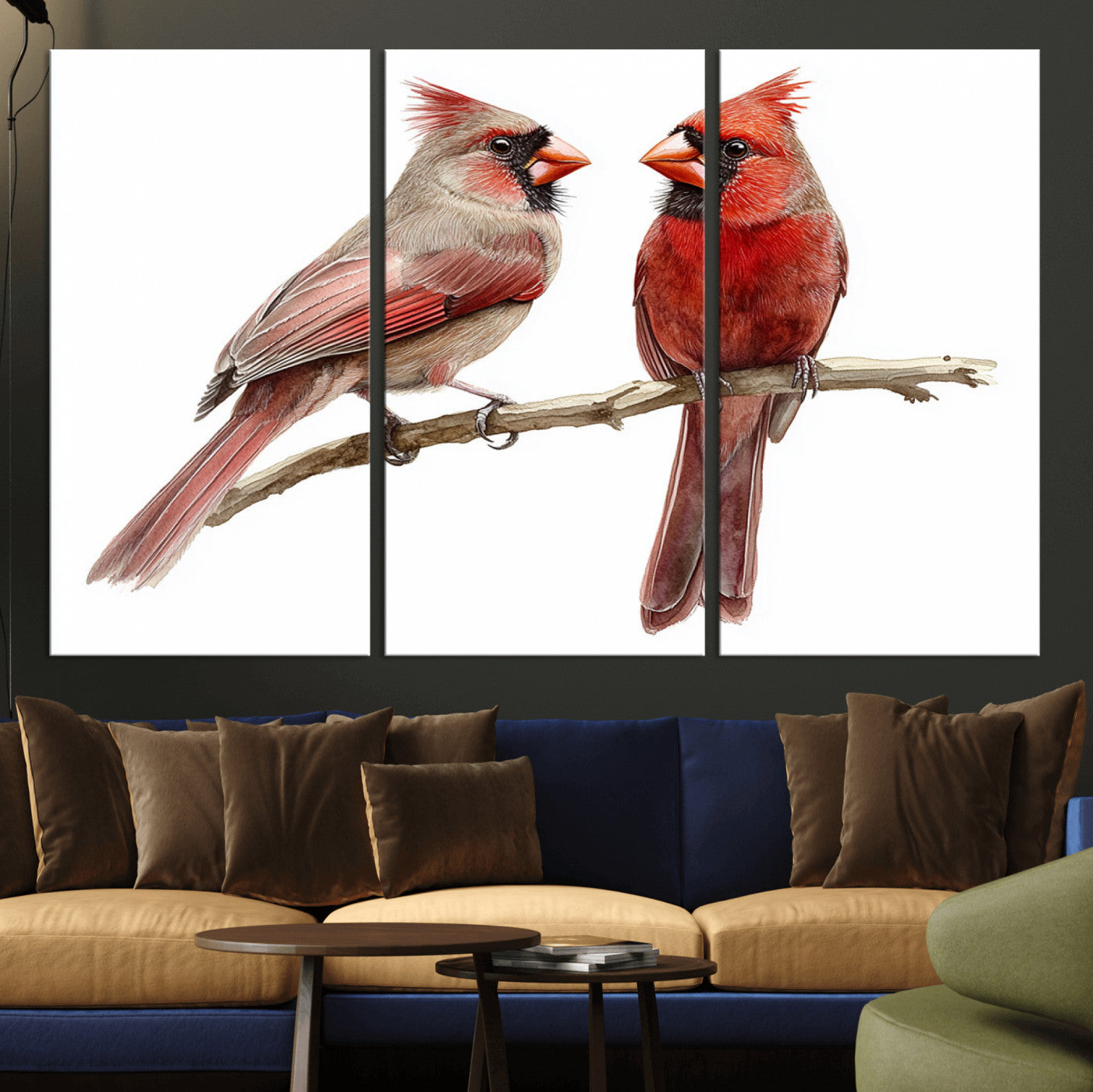 MGV-CV-48X32-3P - Cardinal Bird Canvas Wall Art - Male and Female Cardinal Print - Abstract Bird Wall Decor for Home -