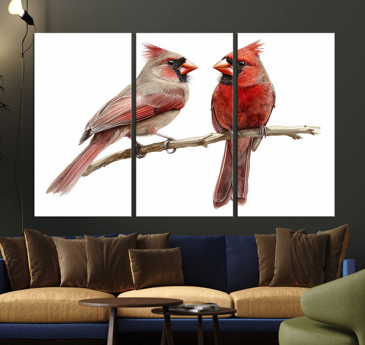 The Cardinal Bird Canvas Wall Art showcases two cardinals on a branch.