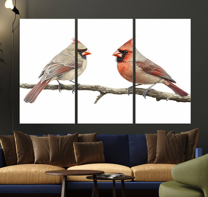 A Cardinal Canvas Wall Art print of cardinals on a branch hangs prominently.