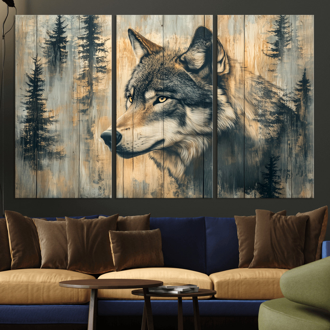 MGV-CV-48X32-3P - Wood Style Rustic Wolf Wall Art Canvas Print, Vintage Woodland Wolf Wall Art, Framed Wood Style Wolf