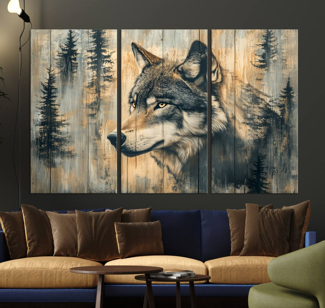 Above the counter is a Wood Style Rustic Wolf Wall Art Canvas Print.