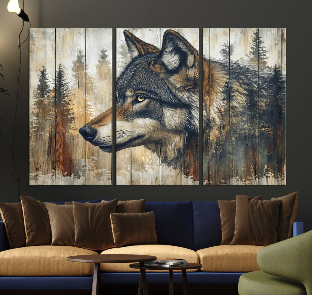 A kitchen dining area features Rustic Wolf Wall Art.