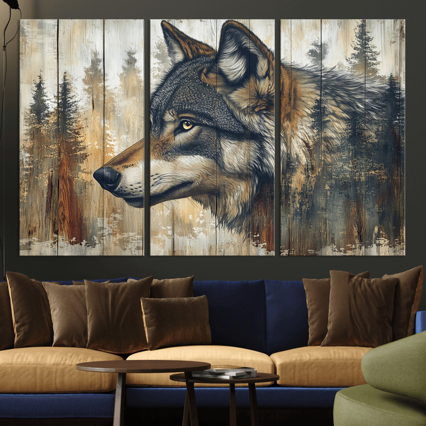 MGV-CV-48X32-3P - Rustic Wolf Wall Art Canvas Print, Vintage Woodland Wolf Wall Art