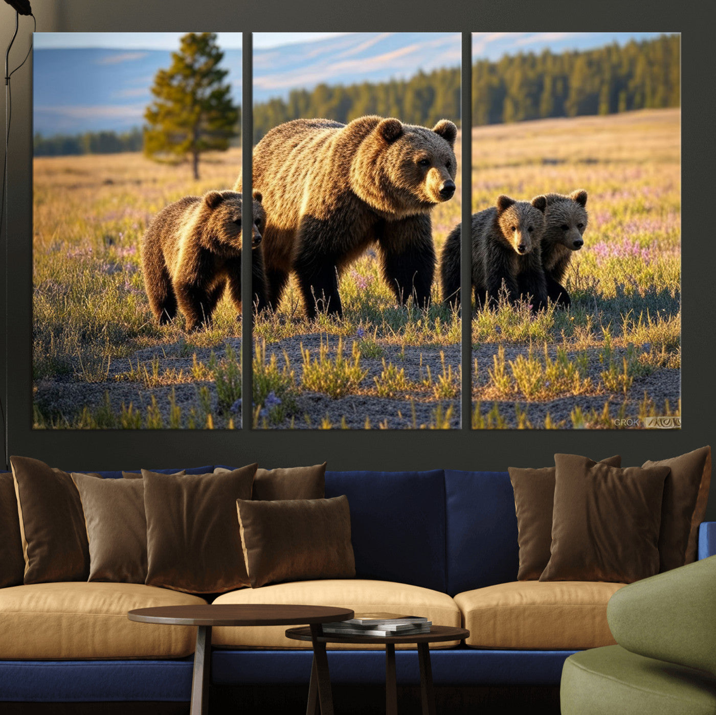 MGV-CV-48X32-3P - Grizzly 399 in Wild Flowers Wall Art Canvas Print, Grizzly Bears Wall Art, Queen of Grand Teton