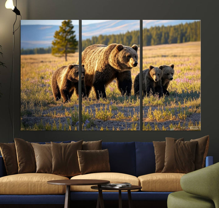 The dining room showcases the Grizzly 399 in Wild Flowers wall art.