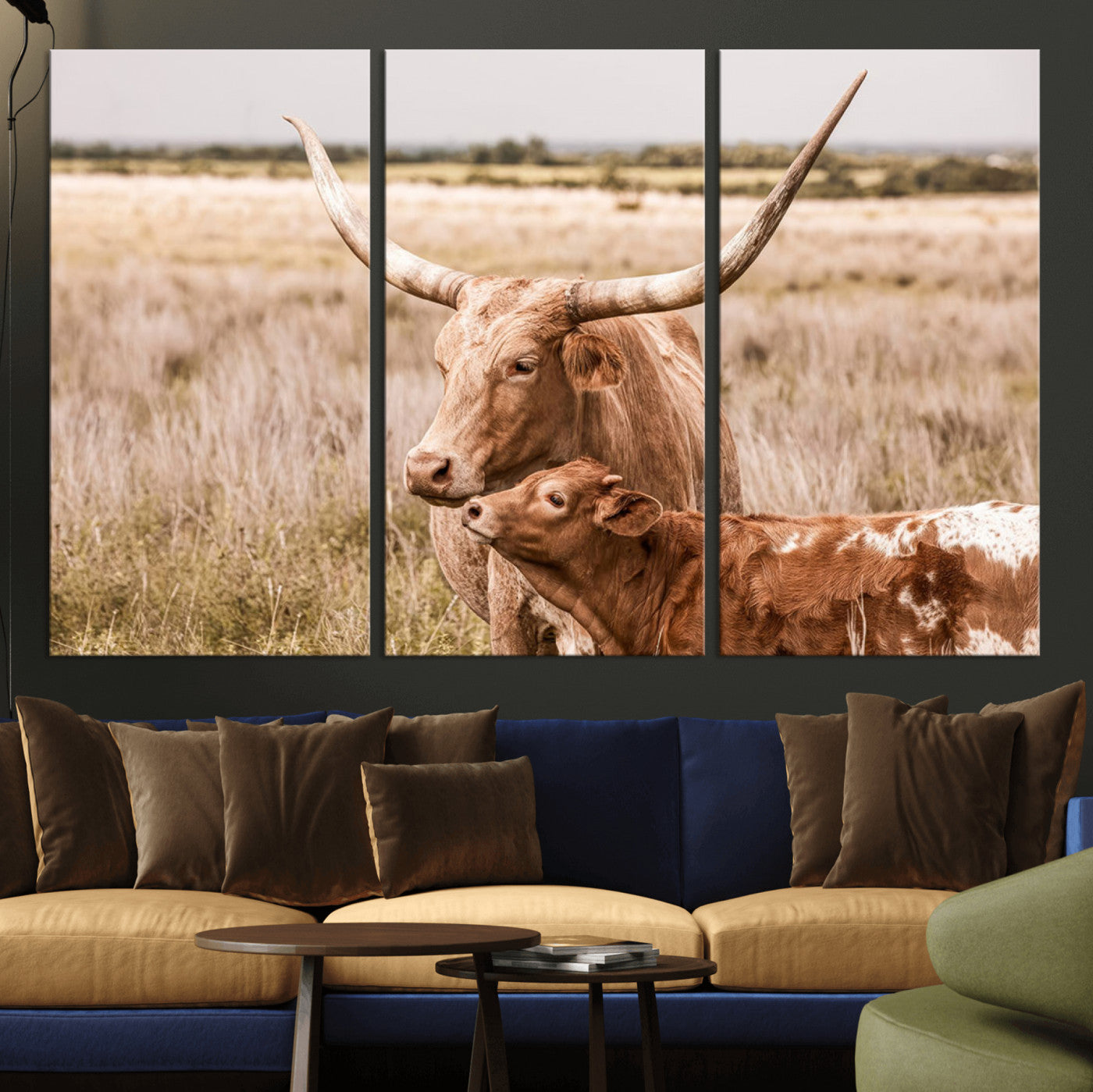 MGV-CV-48X32-3P - Texas Longhorn Cow Wall Art Canvas Print for Farmhouse Wall Art, Texas Decor, Western Wall Art Print