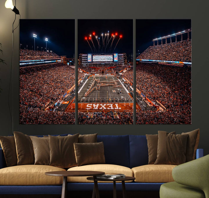 A Texas Memorial Stadium canvas print with fireworks embellishes the modern living room.