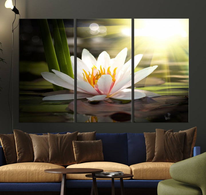 The Lotus Flower Wall Art Canvas Print showcases a white water lily with a yellow center floating gracefully in sunlight.