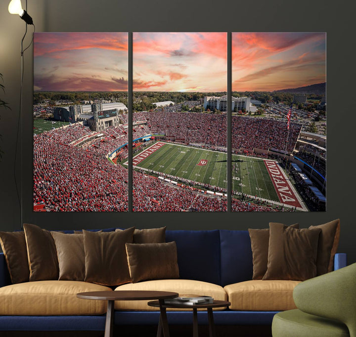 Gallery-quality Indiana Memorial Stadium Wall Art Canvas: A stunning view of the stadium at sunset.