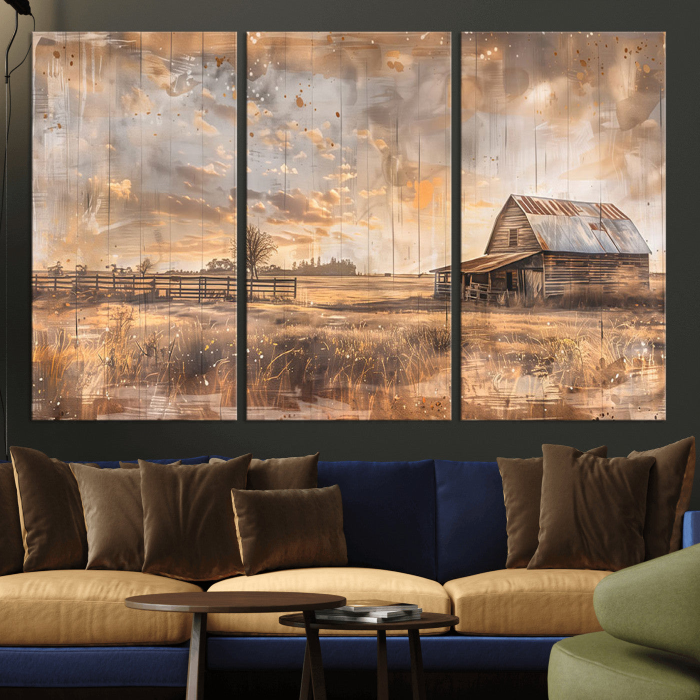 MGV-CV-48X32-3P - Rustic Farmhouse Wall Art Canvas Print | Barn and Field Canvas Print | Vintage Country Landscape