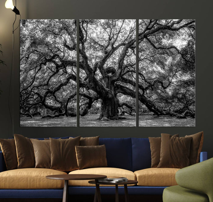 The Black and White Old Angel Oak Tree Canvas Print enhances the modern dining room.