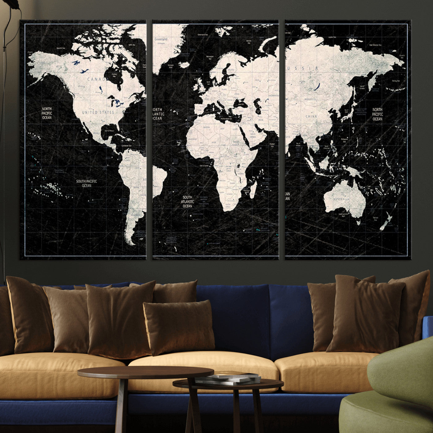 N50Black-MGV-CV-36X24-Push Pin World Map Canvas Print – Framed Travel Tracker Wall Art for Couples, Anniversary Gift and Elegant Home Decor