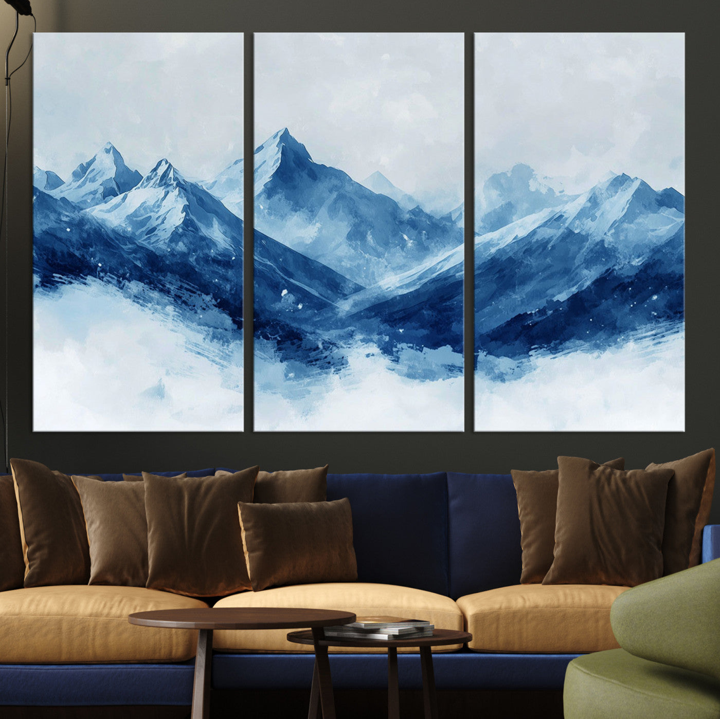 Peaceful watercolor-style painting of snowy blue mountains in soft tones, perfect for winter-themed or minimalist wall decor.