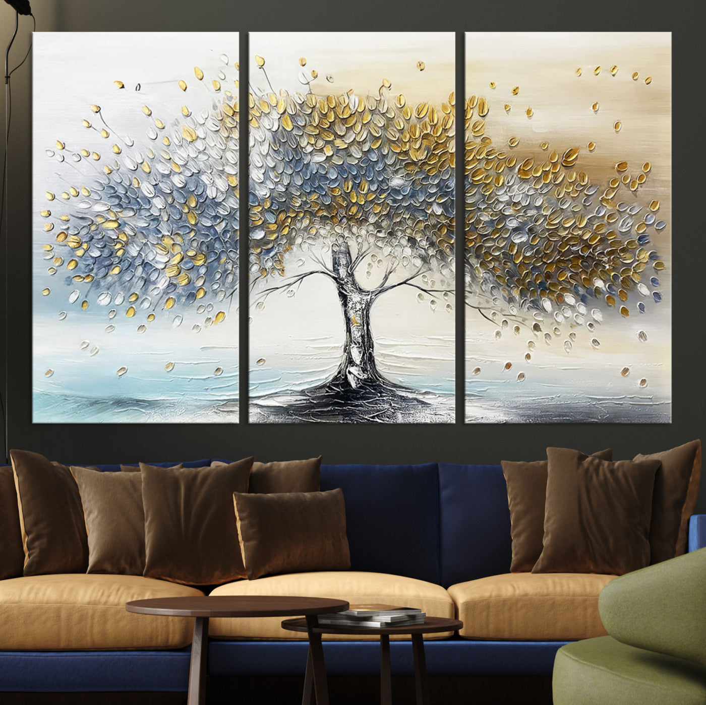 Canvas of a silver and gold textured tree with a soft neutral background, ideal for elegant and minimalist home decor styles.