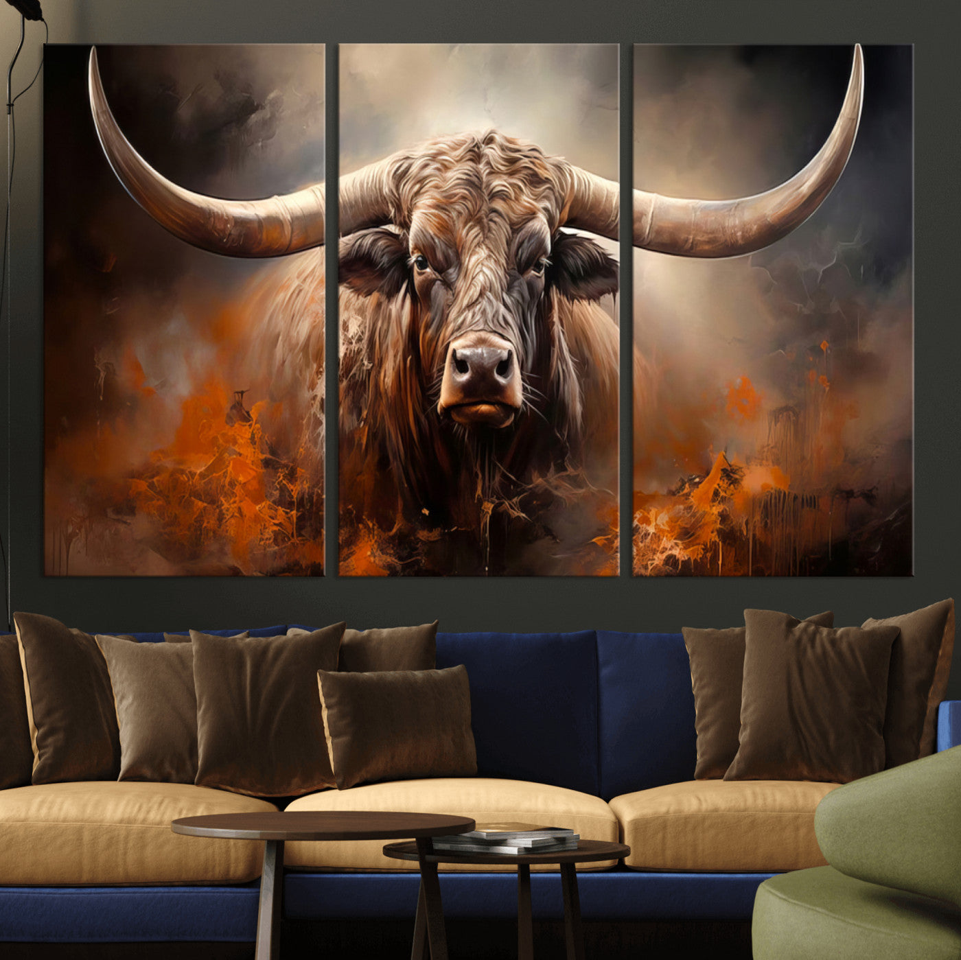 MGV-CV-48X32-3P - Highland Bull Canvas Abstract Canvas Wall Art Print – Powerful Highland Bull with Striking Horns in