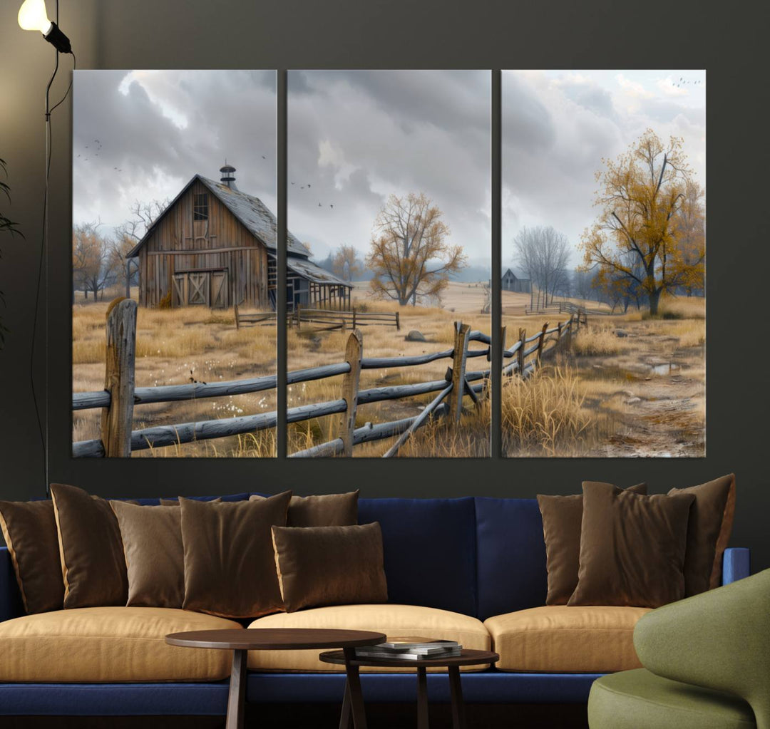 Rustic Autumn Farmhouse Wall Art – Weathered Barn & Trees Canvas Print, featuring a serene scene with birds in the sky. This piece is ready to hang.