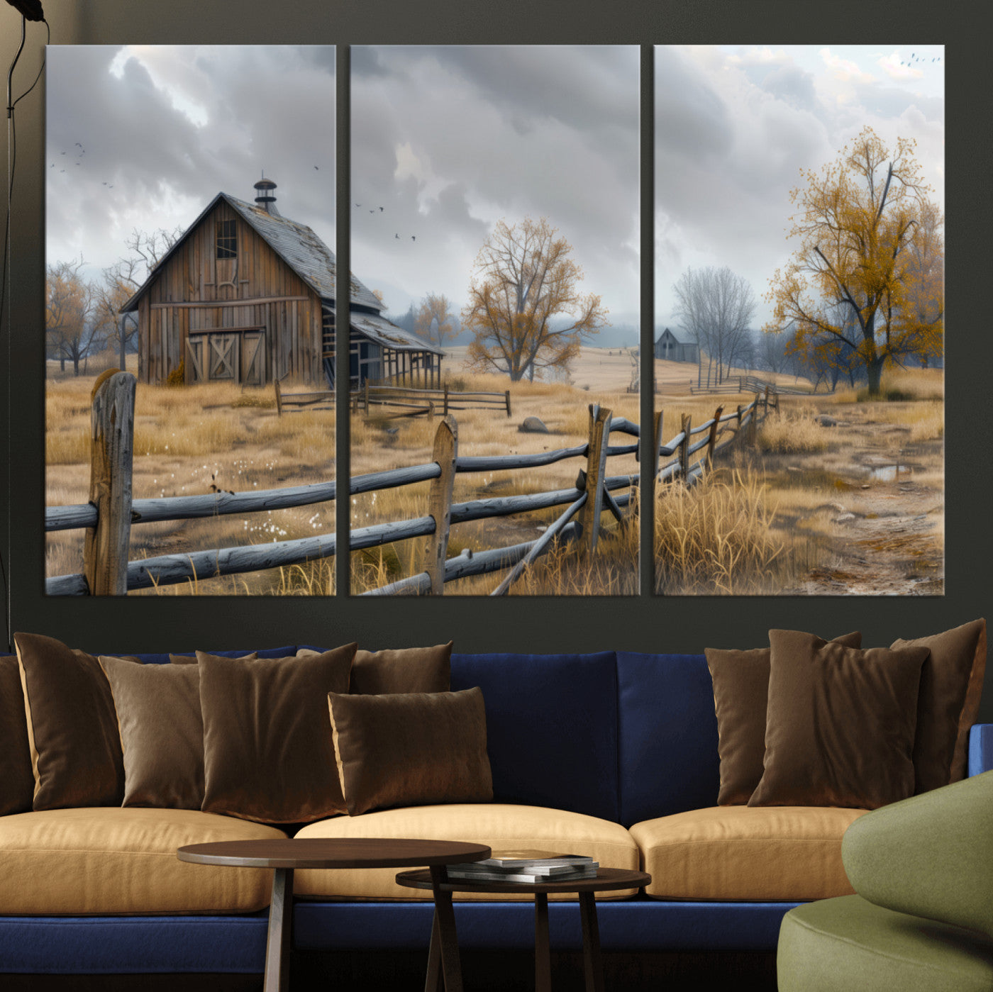 MGV-CV-48X32-3P - Rustic Autumn Farmhouse Wall Art Canvas Print – Serene Countryside Scene with Weathered Barn and