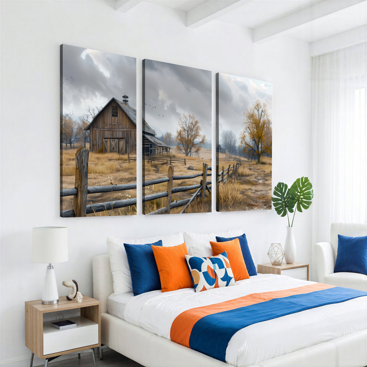 Farm1-MGV-CV-36X24 - Rustic Autumn Farmhouse Wall Art Canvas Print | Serene Countryside with Weathered Barn