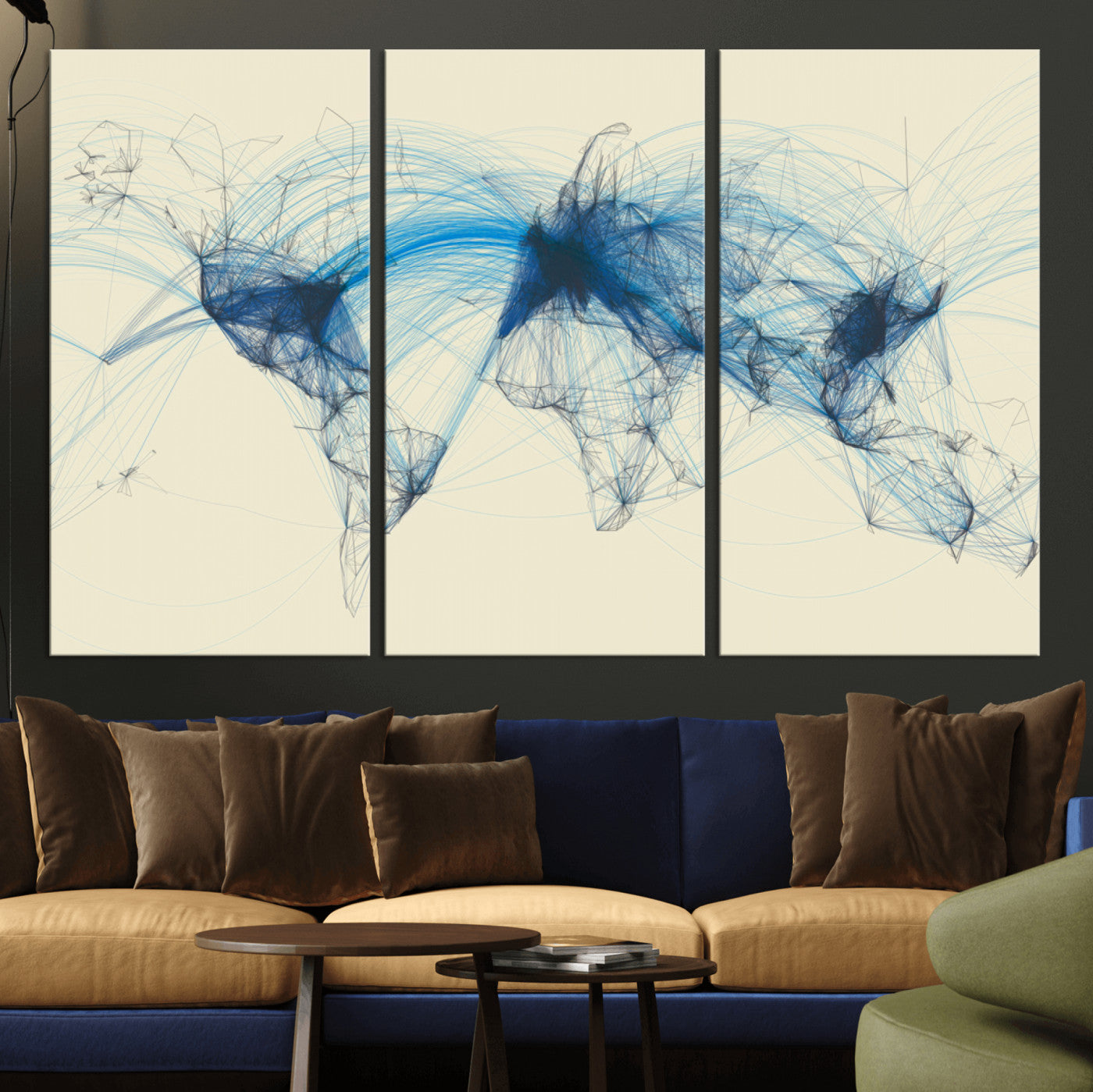 Map-Blue-Contract-MGV-CV-36X24-Flight Routes Map Art – Modern Air Traffic World Map Canvas Print with Blue Connections, Framed Wall Art for Office or Home Decor