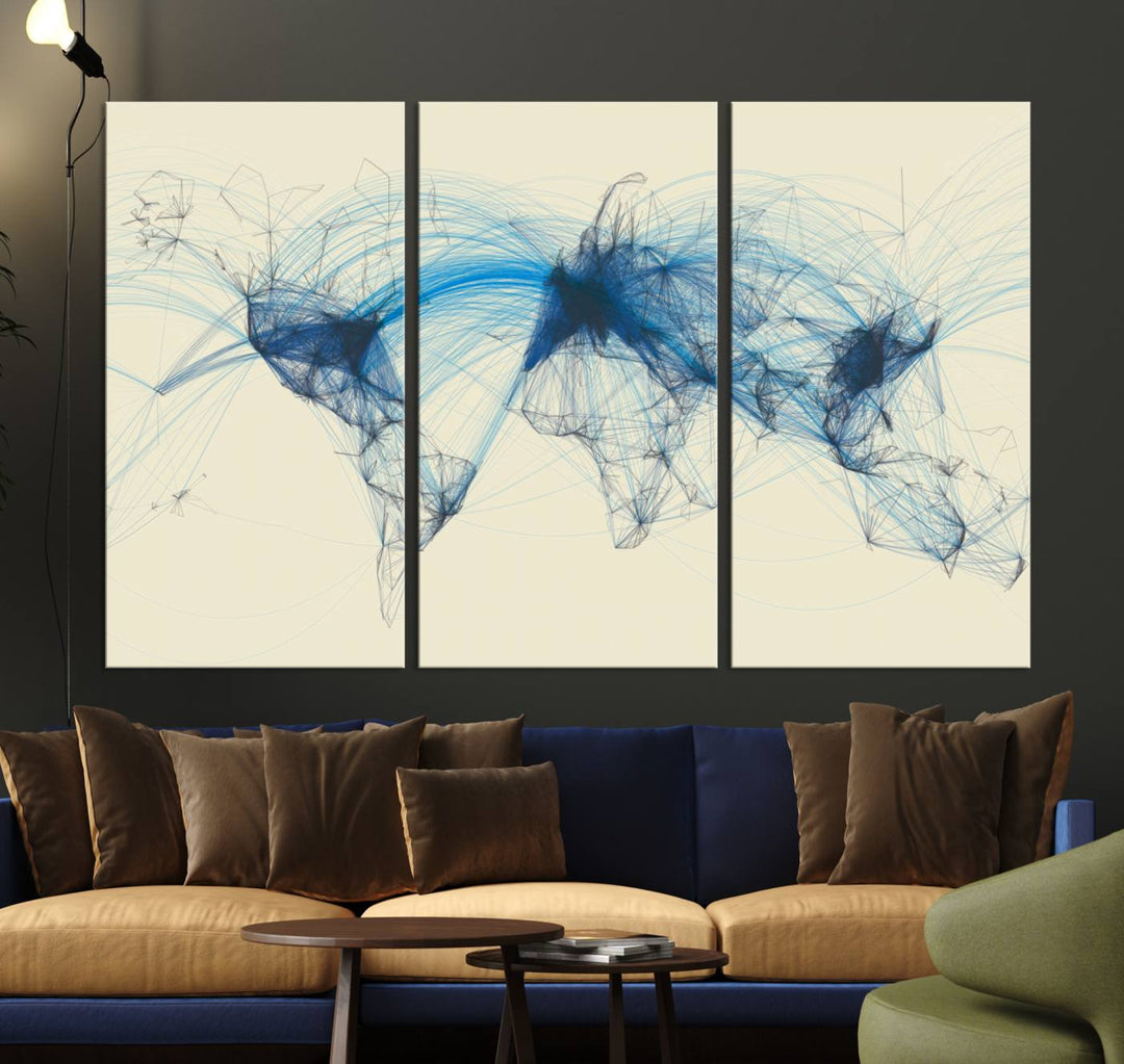 Flight Routes Map: Air Traffic Avi World Map featuring blue lines symbolizing global data. Ideal for home decor and ready to hang.