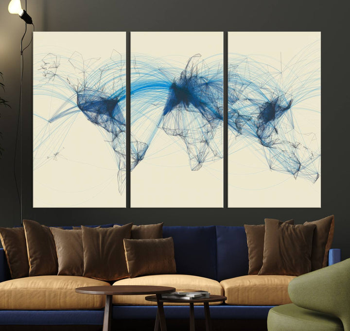 Flight Routes Map: Air Traffic Avi World Map featuring blue lines symbolizing global data. Ideal for home decor and ready to hang.