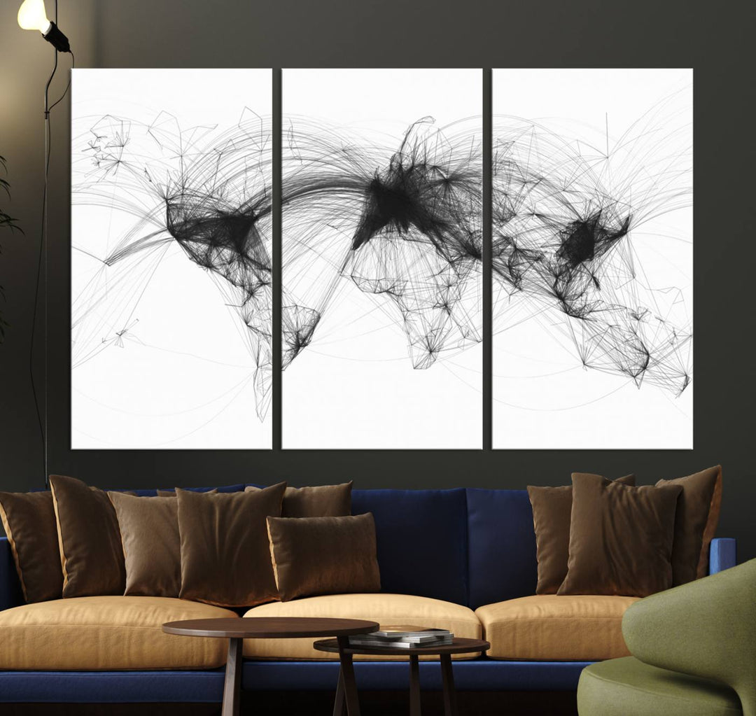 The Flight Routes Air Traffic canvas wall art, framed and ready to hang, is perfect for aviation enthusiasts.