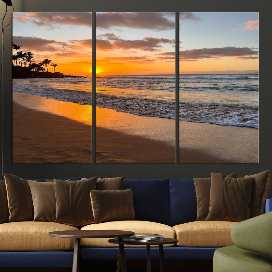 Sunset Wall Art Print featuring a beach sunset with waves and palms, perfect for coastal decor.