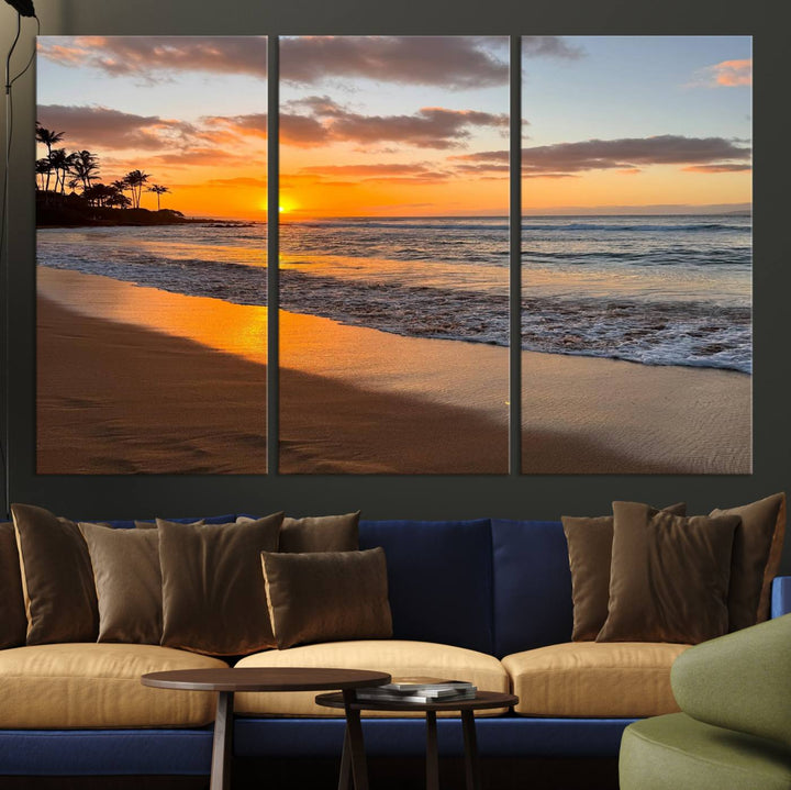 Sunset Wall Art Print featuring a beach sunset with waves and palms, perfect for coastal decor.