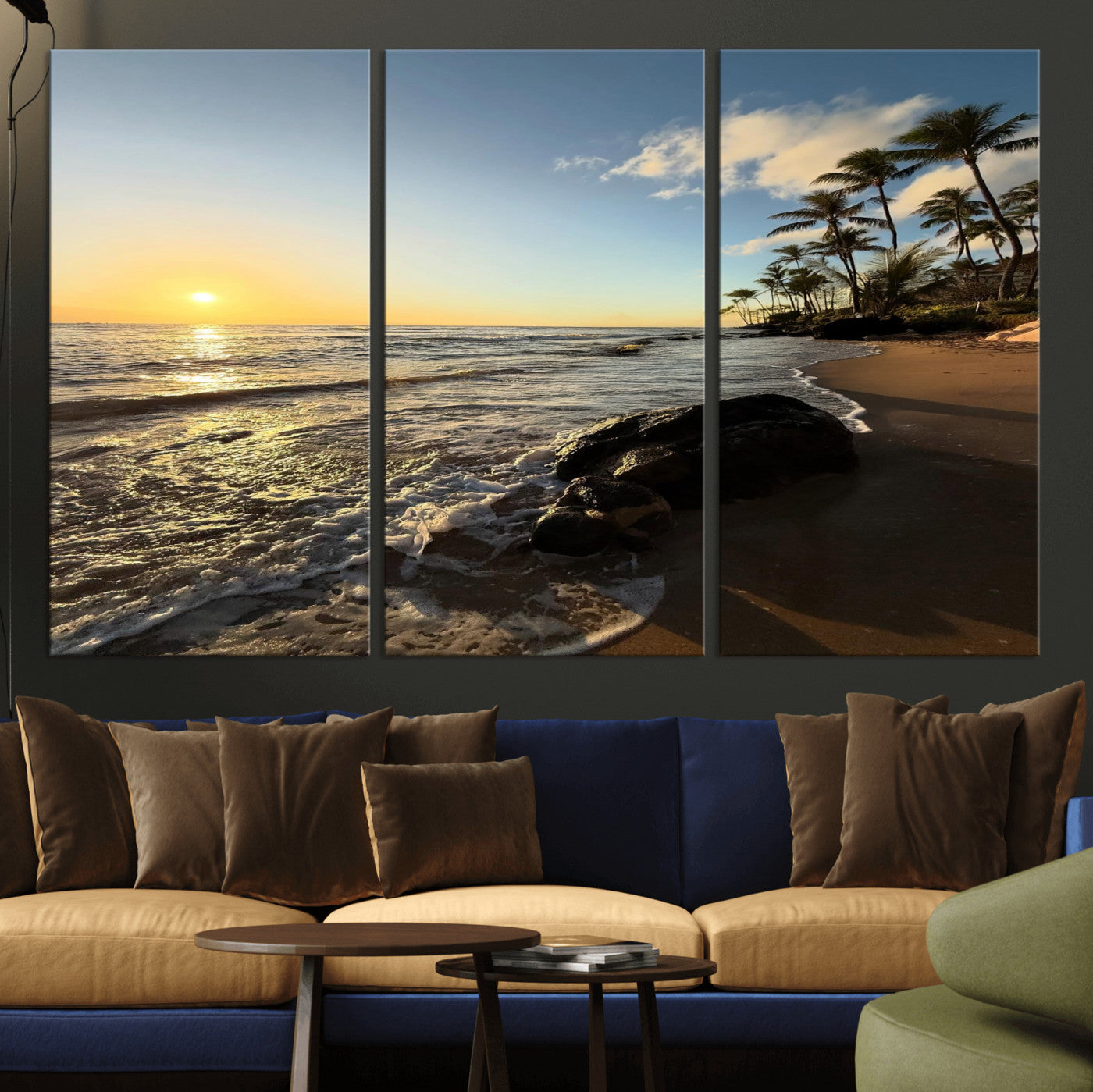 MGV-CV-48X32-3P - Tropical Beach Wall Art - Stunning Ocean Sunset Canvas Print with Palm Tree Design for Relaxing and