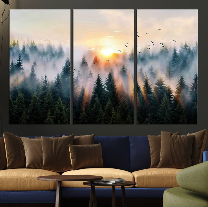 Sunrise over a misty forest with rays filtering through trees in the Abstract Forest Wall Art featuring soaring birds.