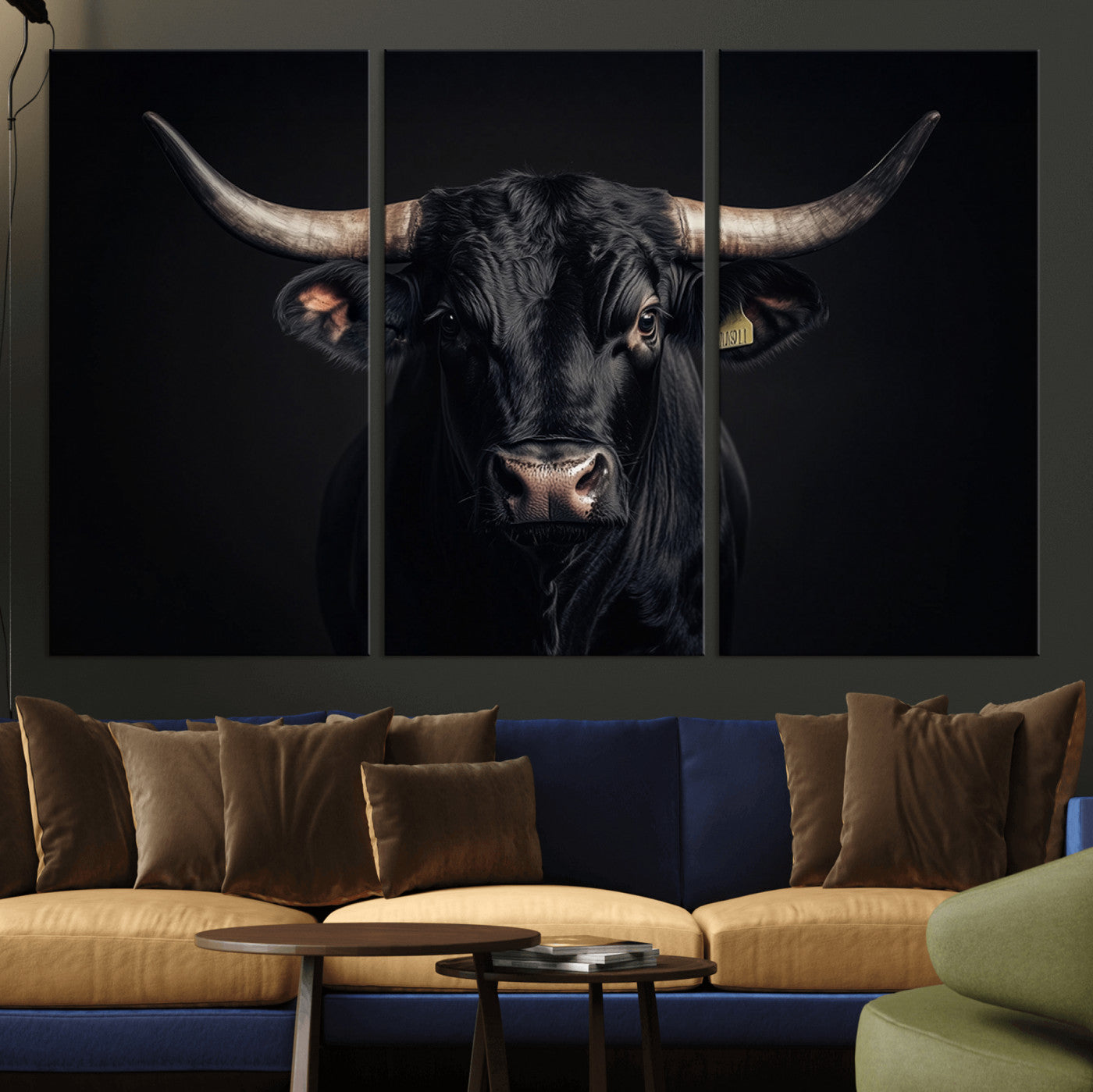 19671921-MGV-CV-36X24-Black Bull Wall Art – Framed Horned Bull Canvas Artwork, Western Cattle Design, Rustic Ranch Style Decor for Home, Office