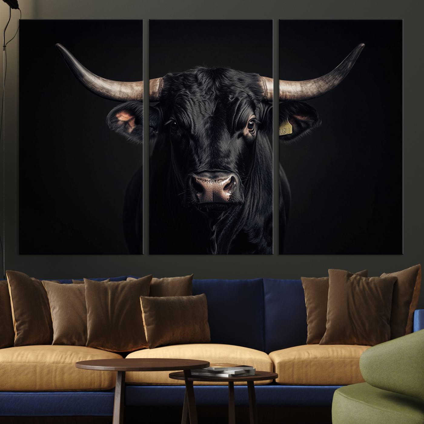 Canvas featuring a black horned bull in moody lighting on a dark background, perfect for western or rustic farmhouse-style home decor.