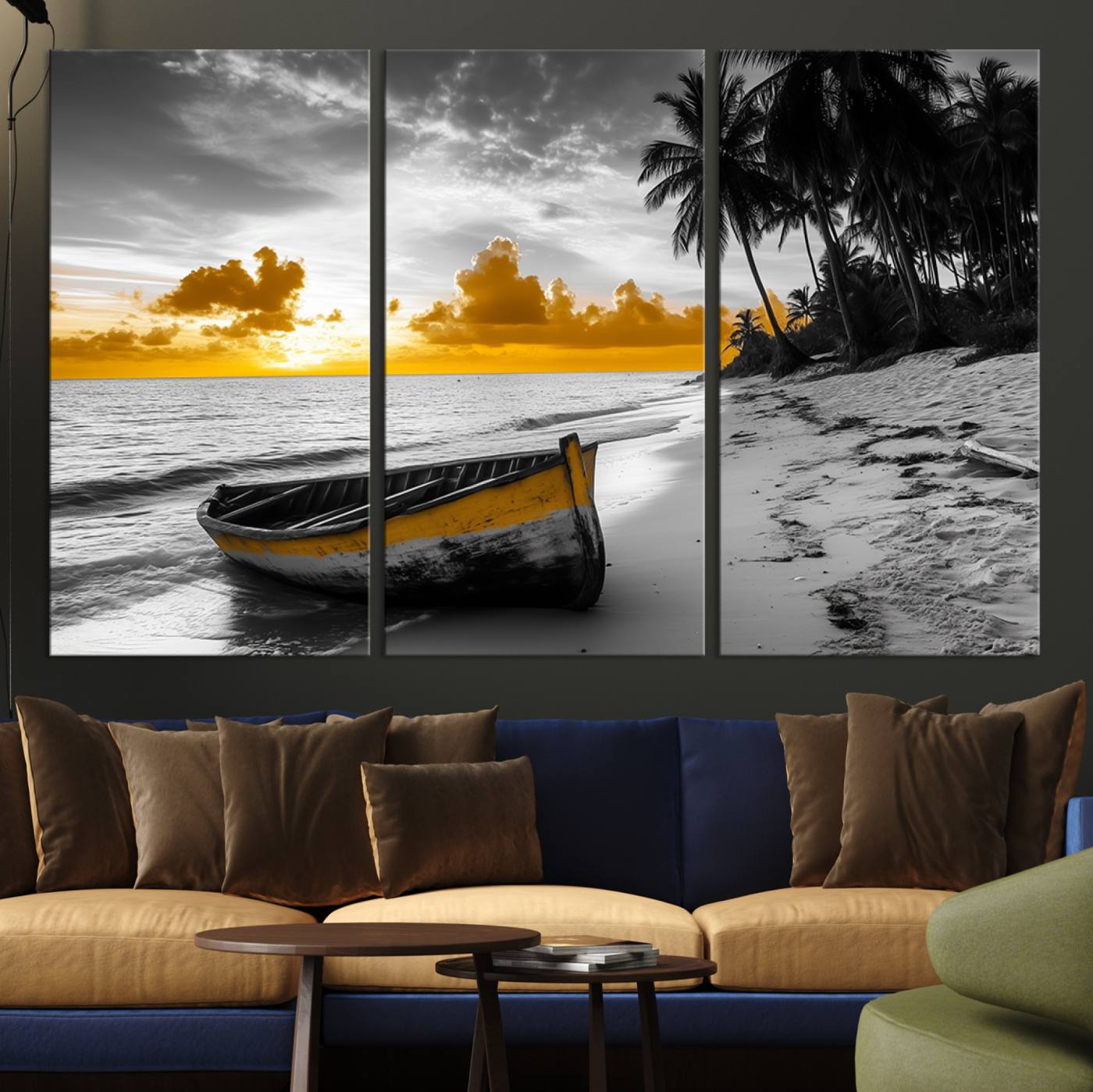 Canvas of a yellow rowboat on a black and white tropical beach with golden sunset sky, ideal for coastal or tropical-themed home decor.