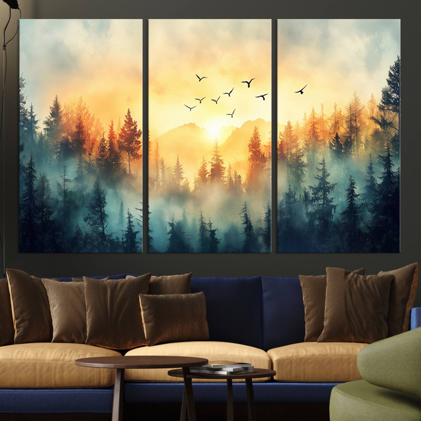 69770822-MGV-CV-48X32-3P-Sunrise Forest Wall Art – Framed Misty Pines Canvas Artwork, Peaceful Woodland Design, Tranquil Nature Decor for Home, Office