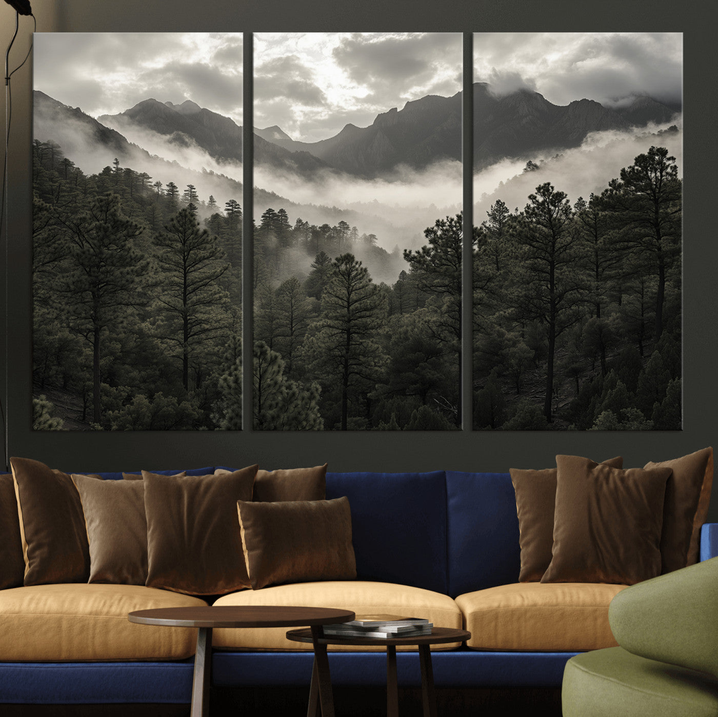 96173787-MGV-CV-48X32-3P-Moody Forest Wall Art – Framed Mountain Fog Canvas Artwork, Misty Woodland Design, Tranquil Nature Decor for Home, Office