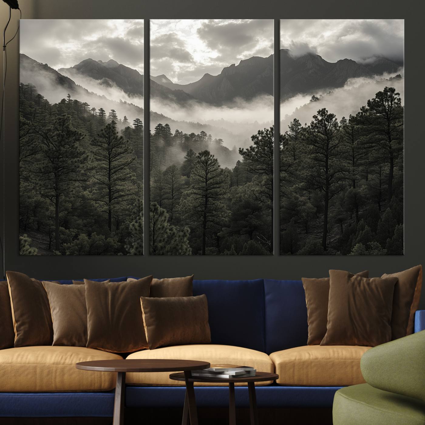 Canvas of moody pine forest and foggy mountain peaks under overcast skies, ideal for calm and rustic woodland-themed home decor.