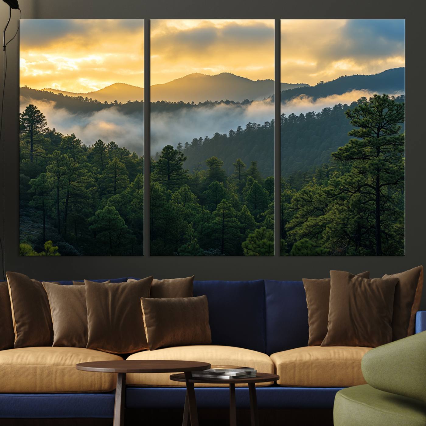 Canvas of misty pine-covered mountains at sunrise, featuring golden light and fog layers, ideal for tranquil earthy home decor.