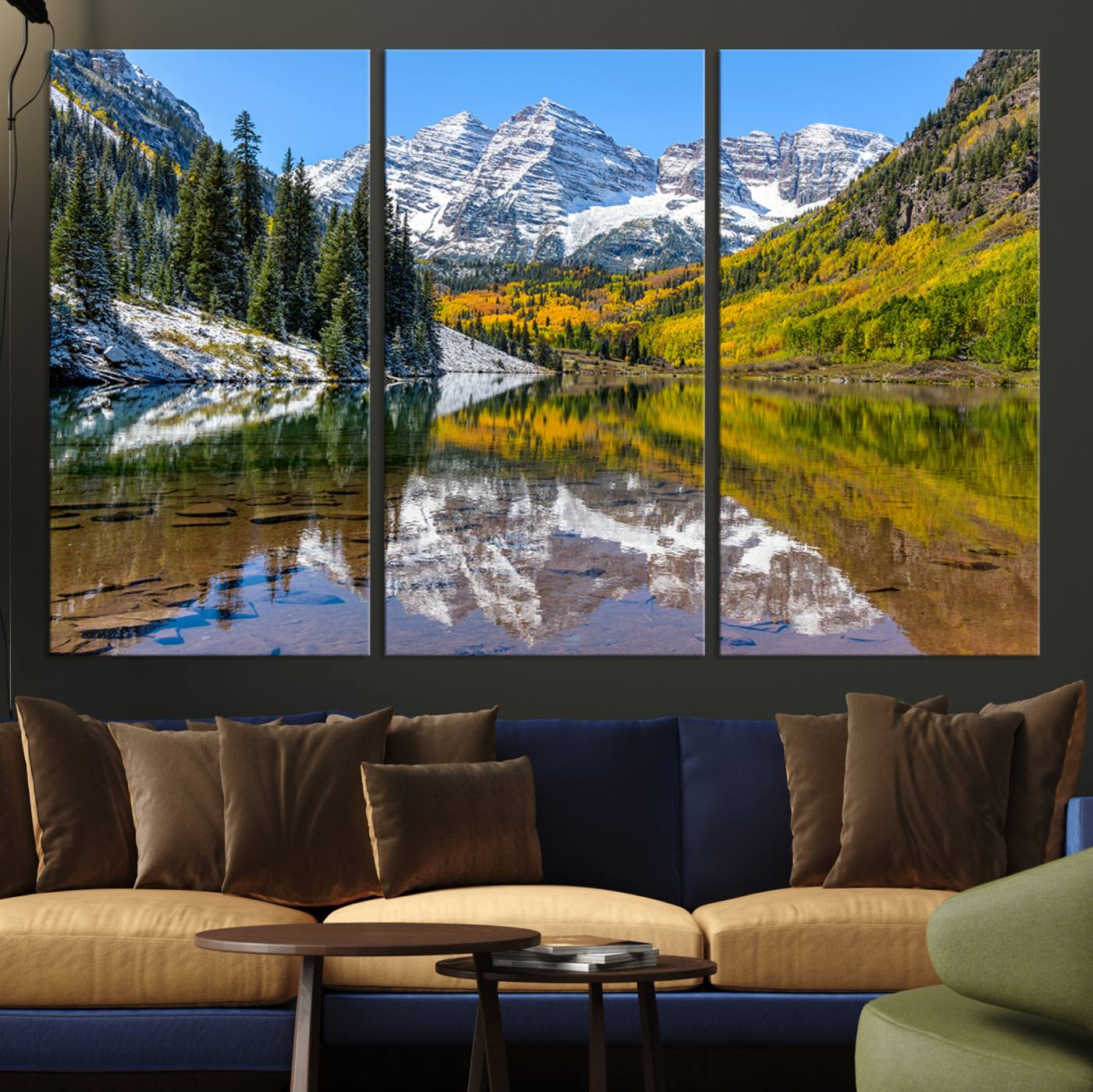 Canvas of Maroon Bells reflected in a clear alpine lake, with golden aspens and snowy peaks, ideal for crisp autumn or mountain-themed decor.