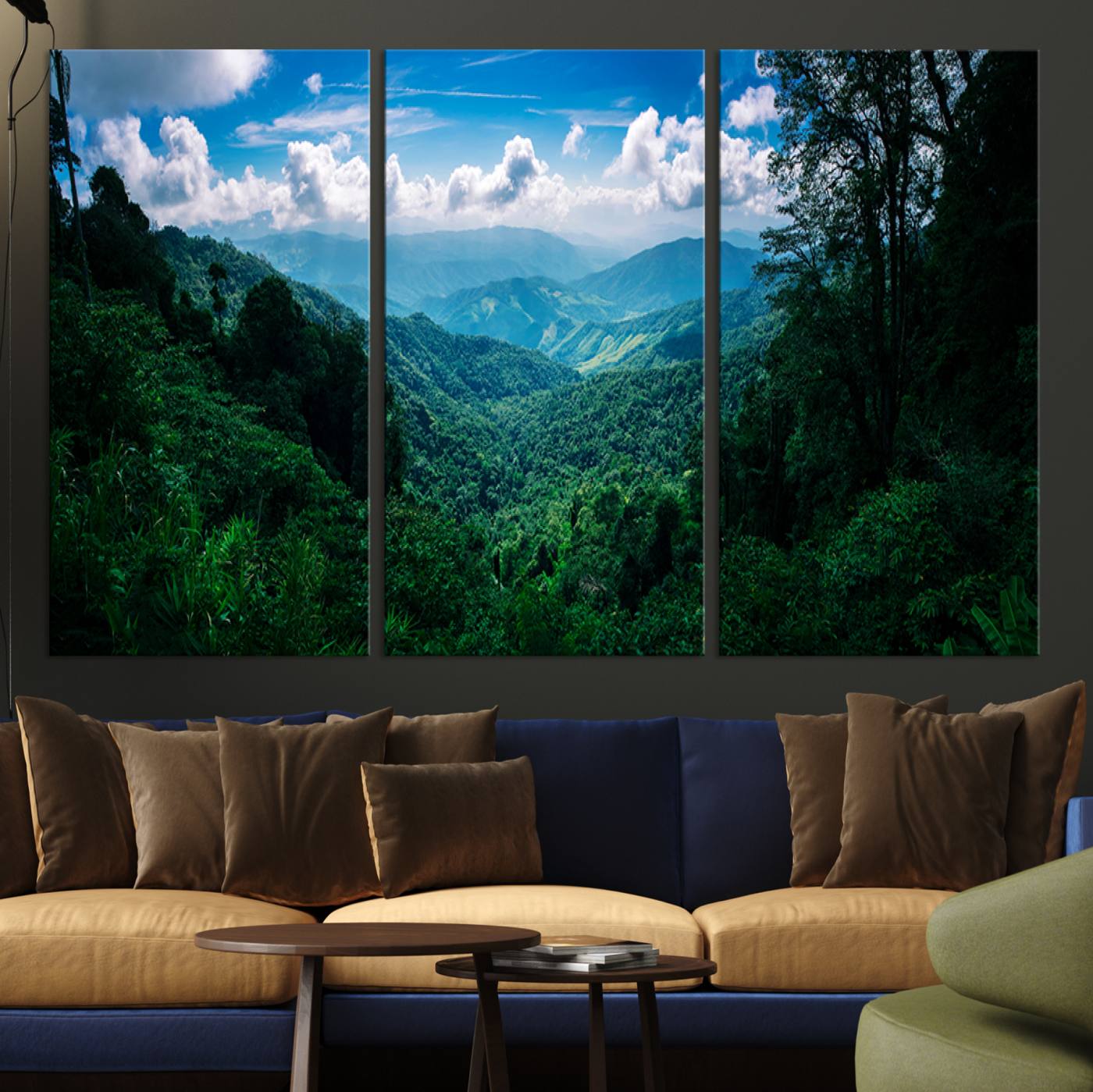 Canvas of a misty tropical jungle with vibrant greenery and layered blue mountains, ideal for exotic nature-themed wall décor.