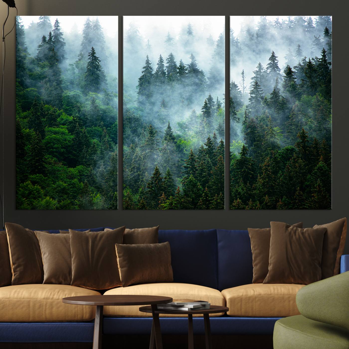 17393683-MGV-CV-48X32-3P-Misty Forest Wall Art Canvas Print – Framed Foggy Mountain Landscape Artwork, Serene Scenic Decor for Home, Office