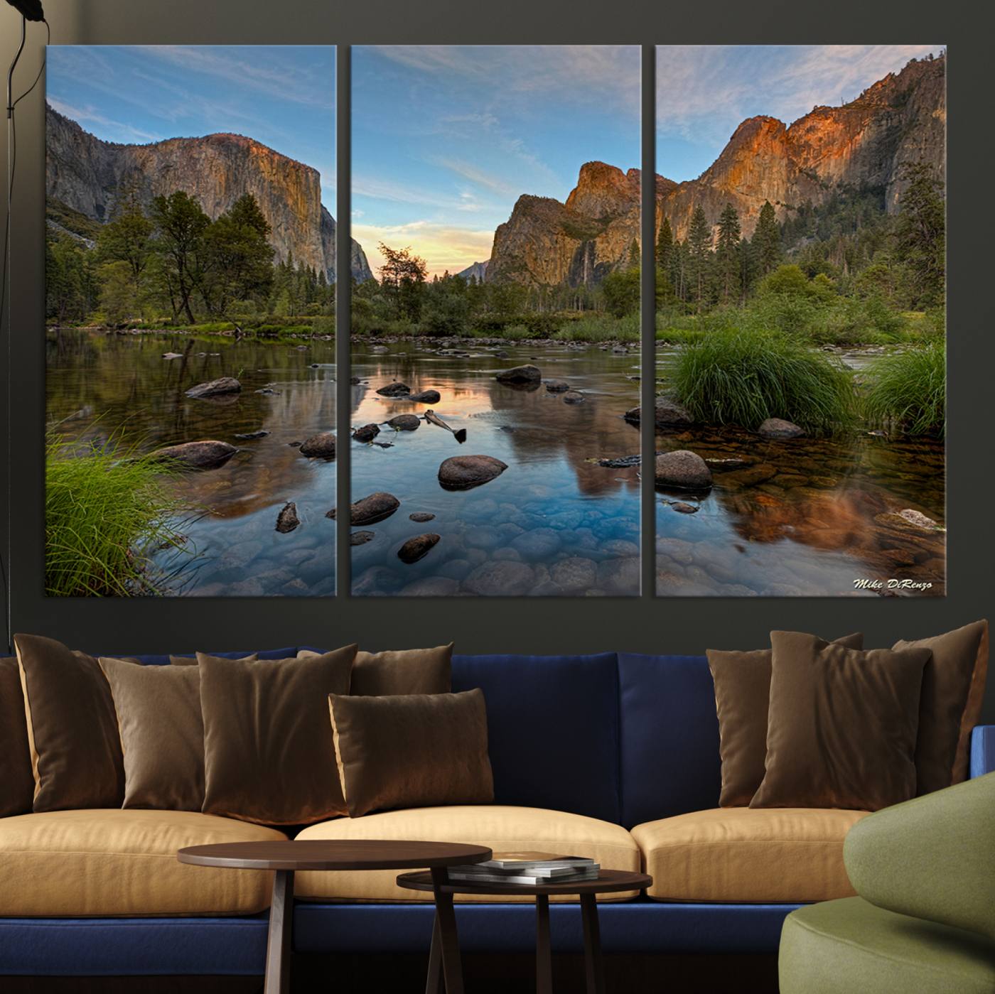 Canvas of Yosemite Valley with El Capitan and sunset reflections in a calm river, perfect for rustic or nature-themed décor.