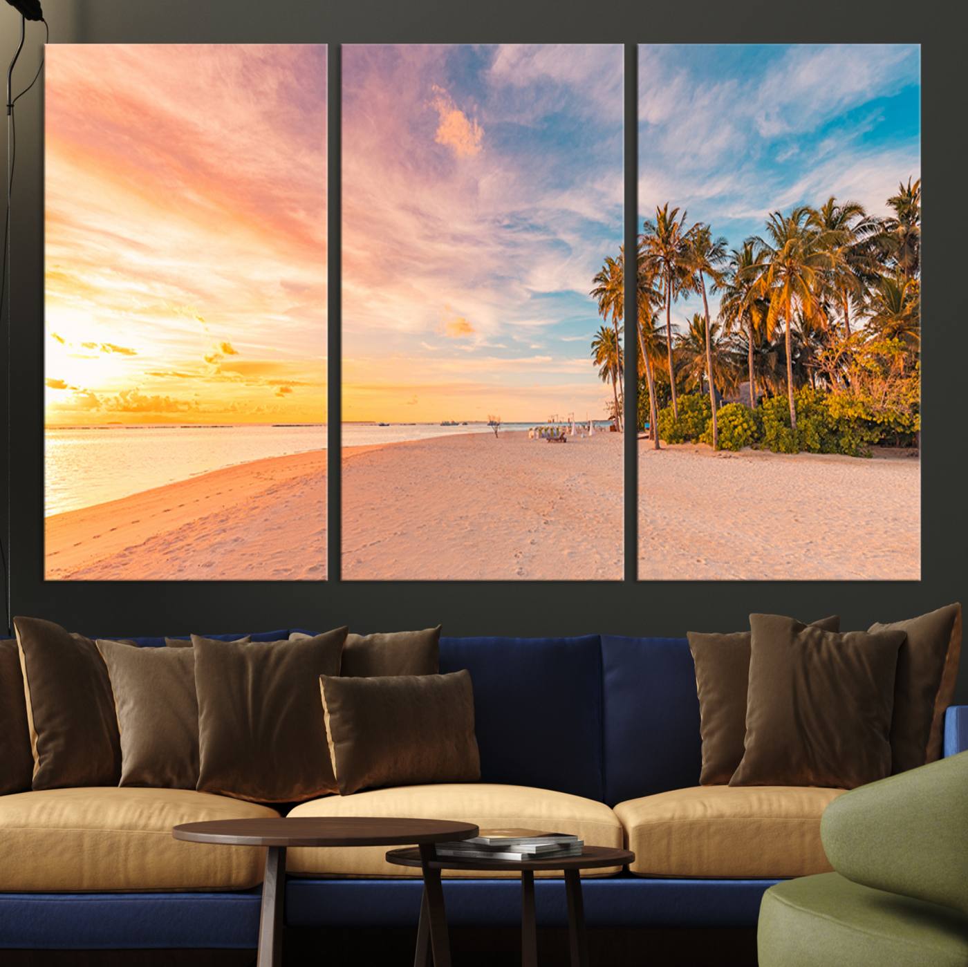 Tropical beach canvas with palm trees and soft sunset tones, ideal for coastal or beach-style home décor in warm pastel hues.