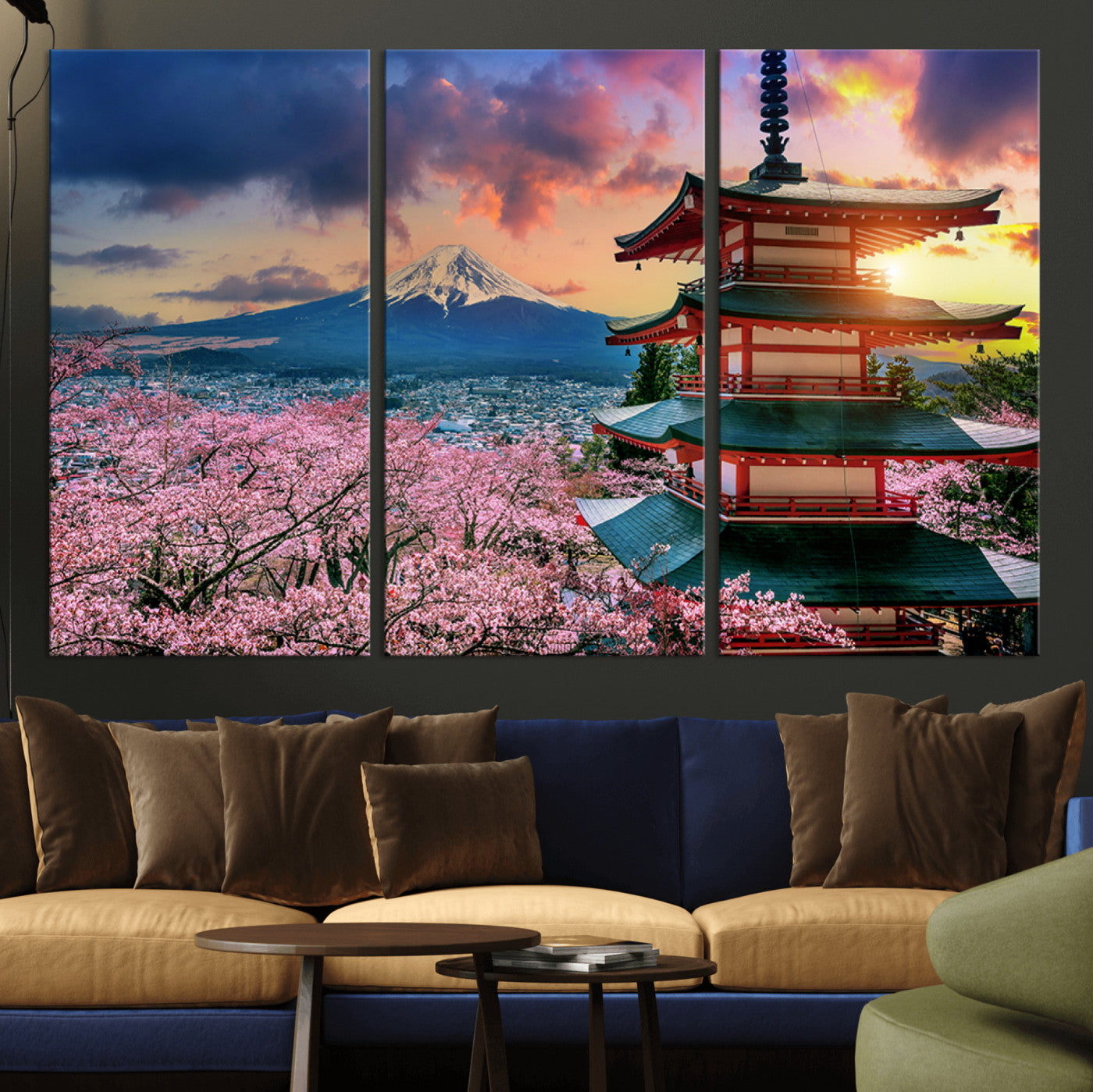 MGV-CV-48X32-3P - Mount Fuji & Cherry Blossom Wall Art Canvas Print – Iconic Japanese Landscape, Sakura Pagoda Sunset,