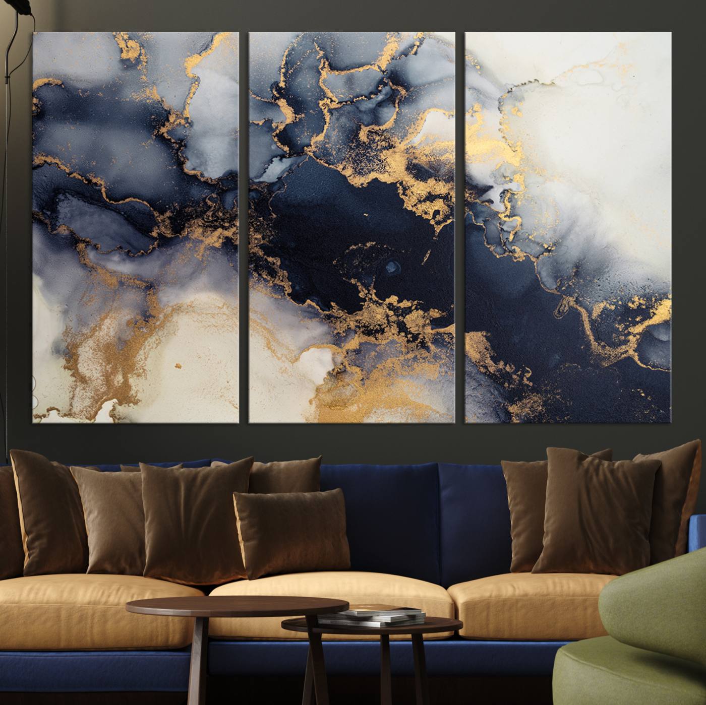 Luxurious abstract canvas in black and gold with moody fluid textures and smoky patterns, perfect for dramatic modern interiors.