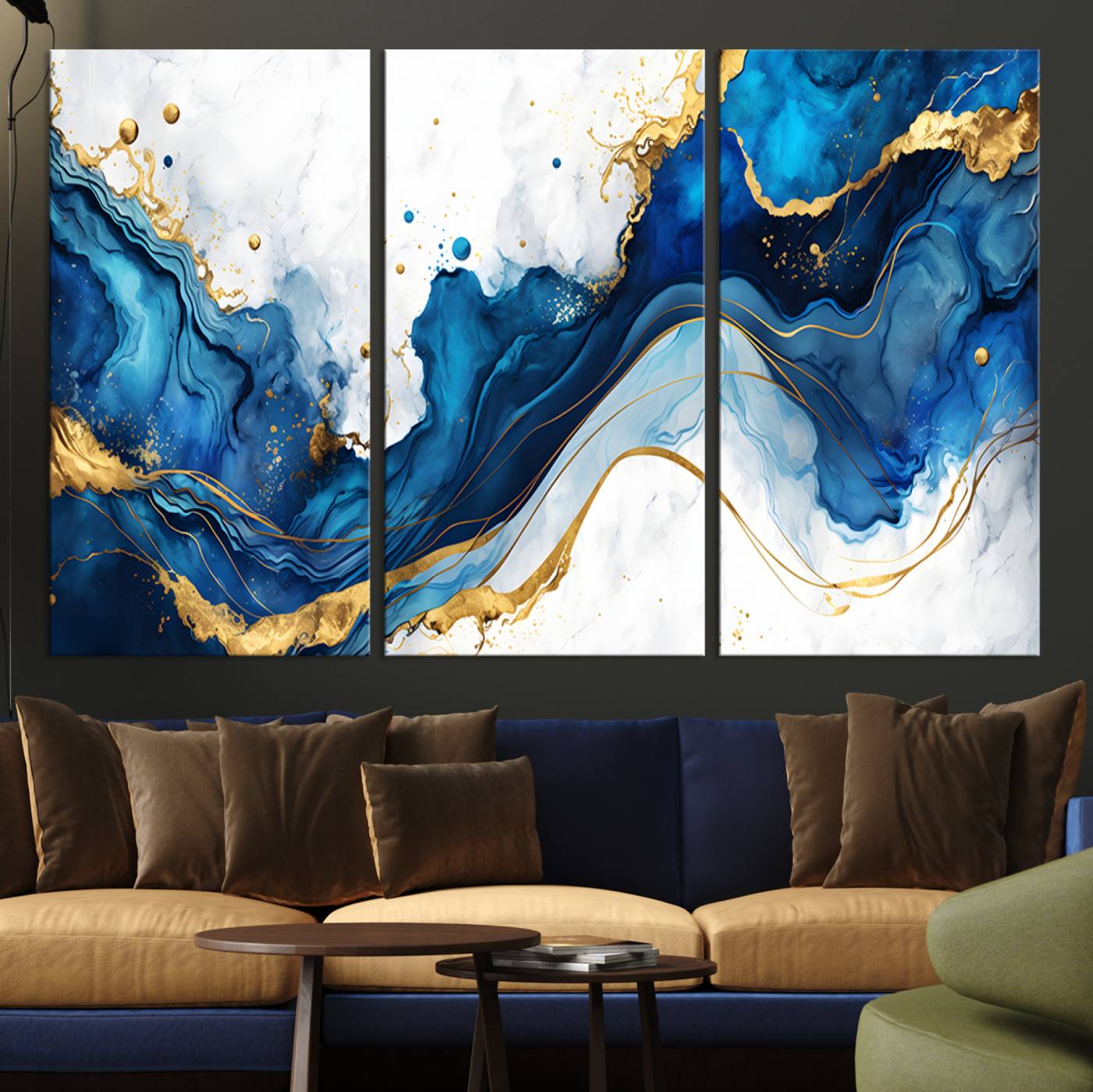 Elegant abstract canvas in cobalt blue and gold tones, featuring marble waves and fluid motion, ideal for luxe interior styling.