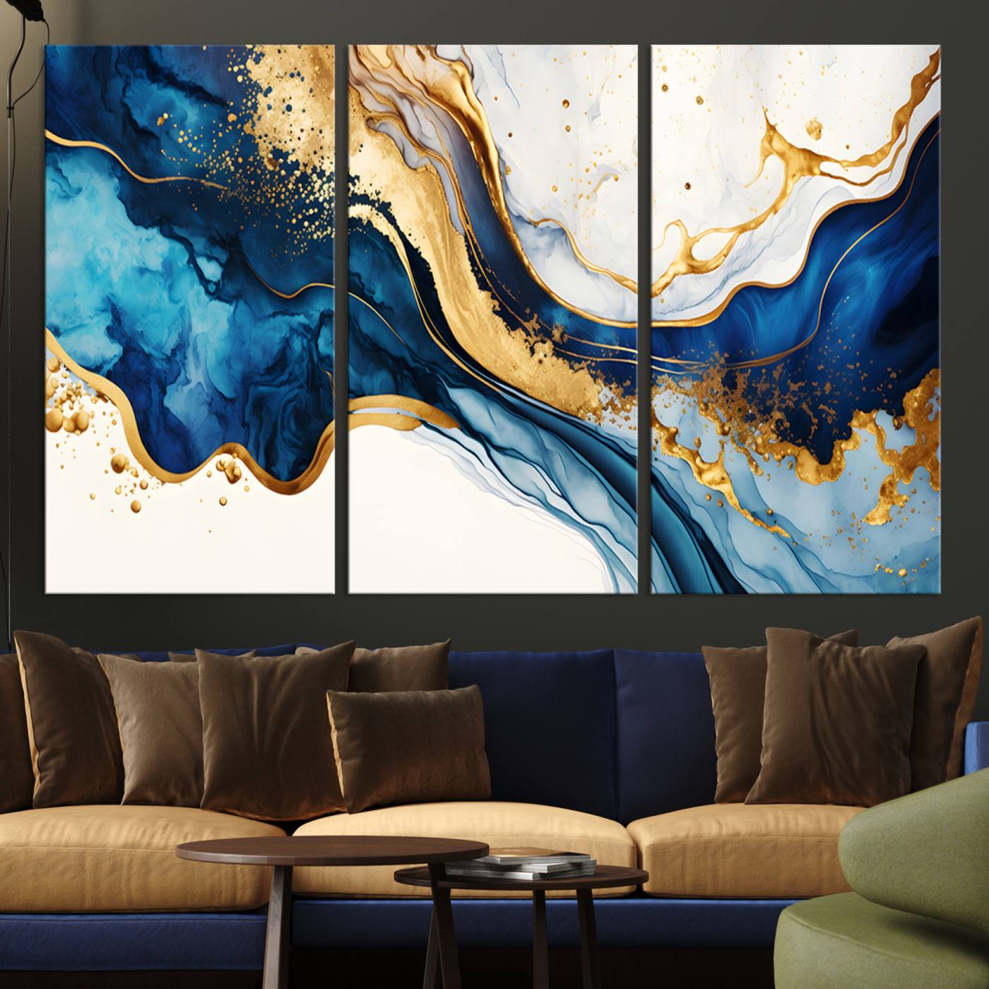 Canvas artwork with fluid blue and gold marbling, perfect for modern luxe or elegant abstract home decor styles.