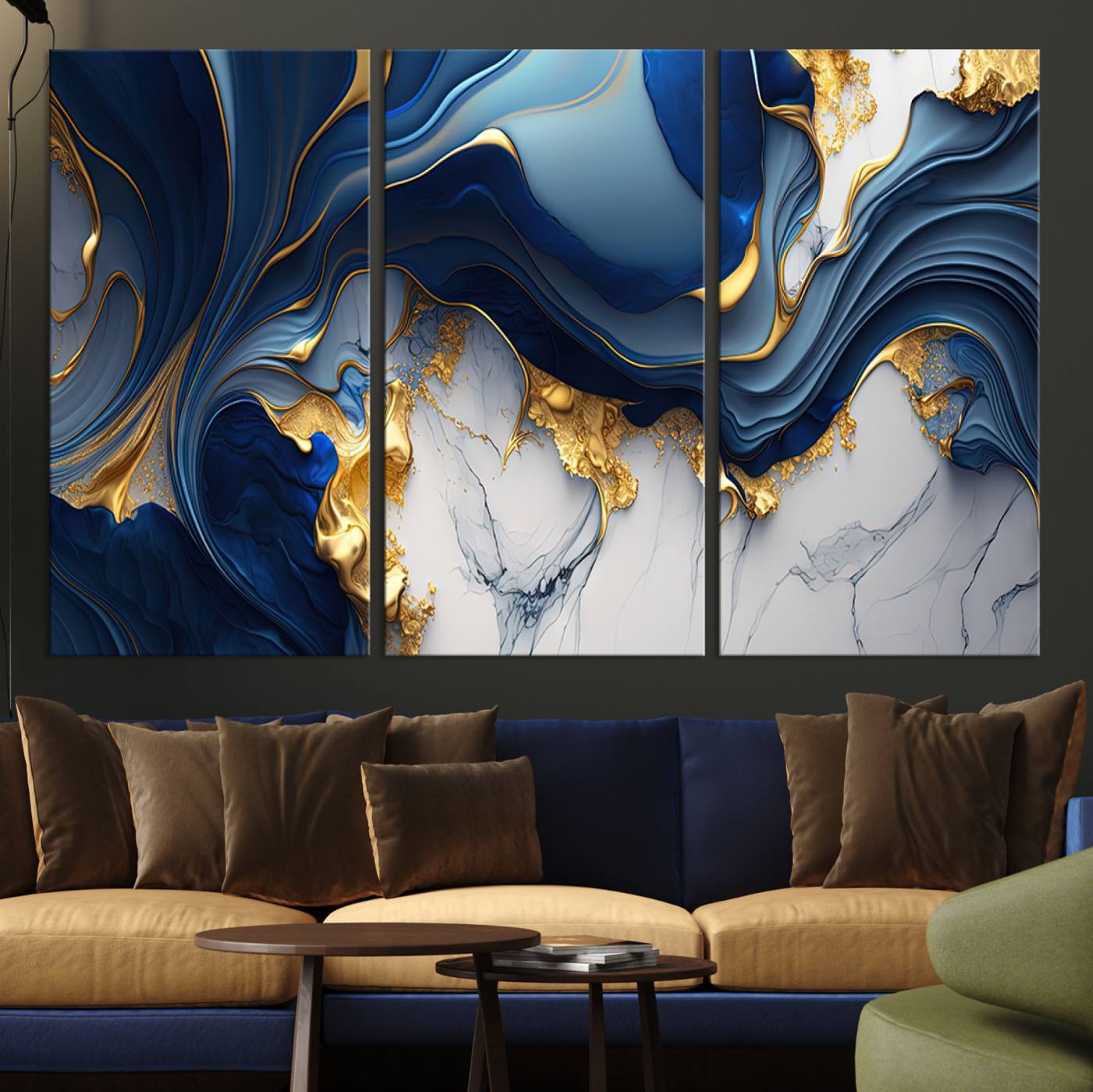 Canvas art with swirling blue marble and gold textures, ideal for elegant glam or modern luxury interior design settings.