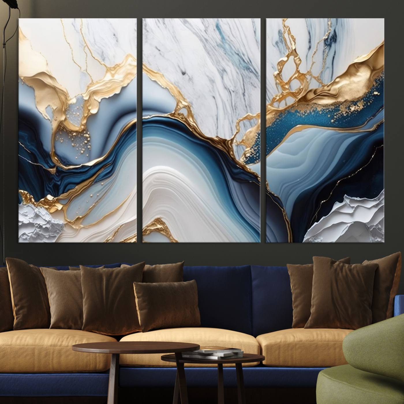 Abstract canvas with blue marble textures and flowing gold veins, ideal for modern luxury or coastal-inspired interior decor.