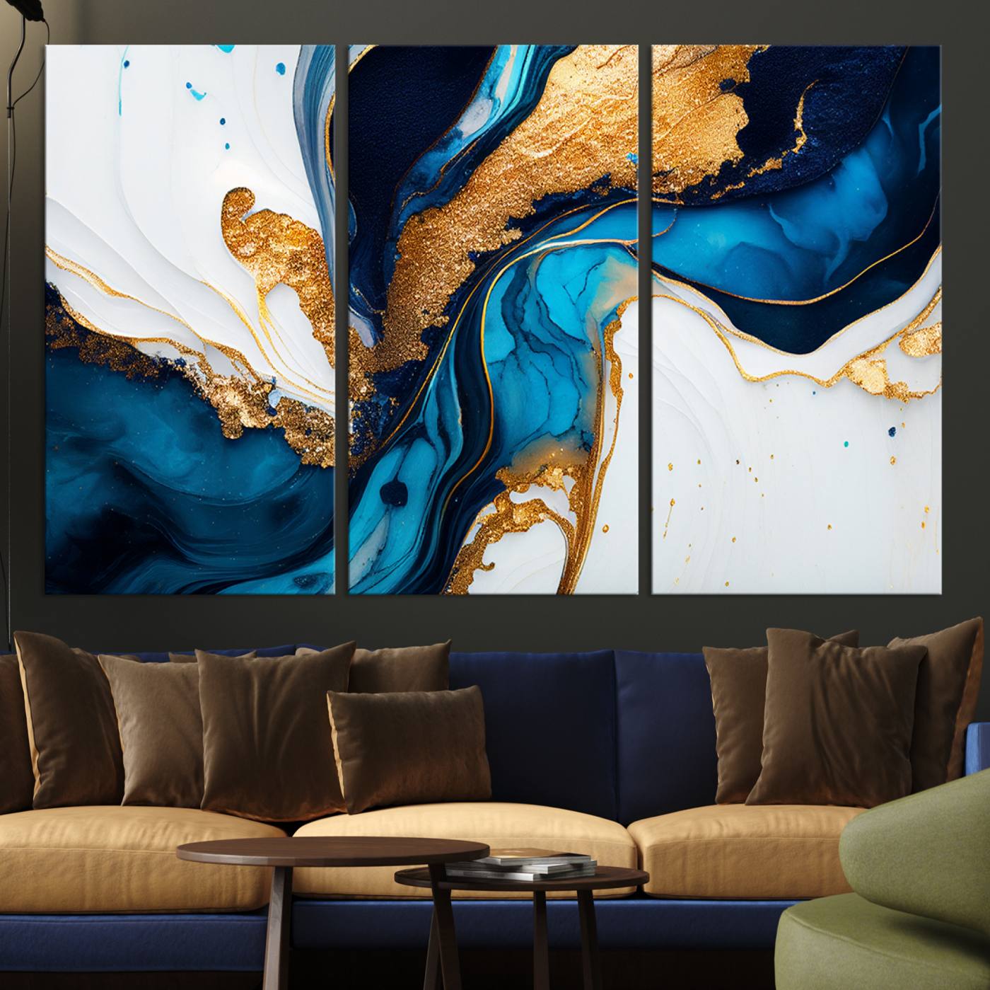 Luxurious abstract canvas in gold, navy, and teal tones with fluid marble patterns, perfect for modern glam or upscale interiors.